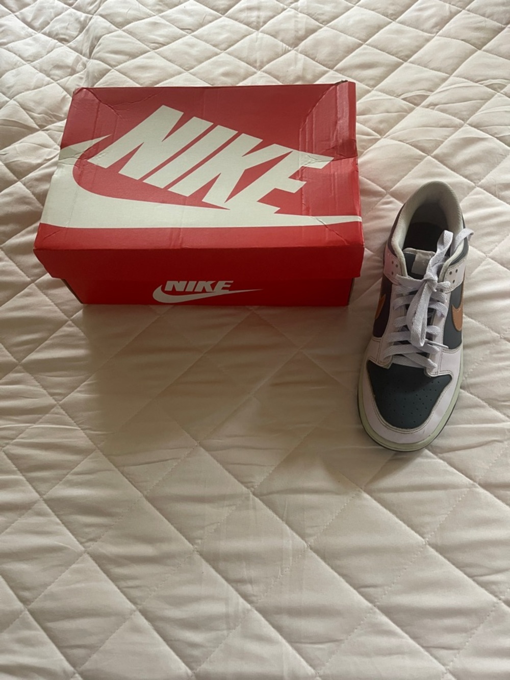 Nike Dunk Low SE Low-Top Sneaker in White, Black, Peach with Red Box - Size 6Y